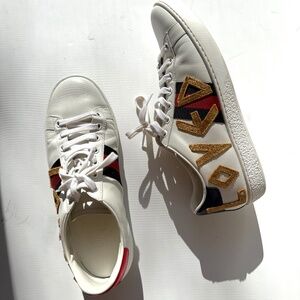 Authentic GUCCI Loved Web Leather Printed Embellished White Sneakers 37.5  Desig